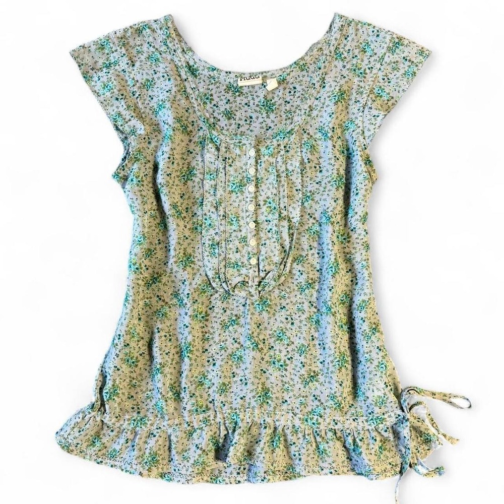 Y2K Green Floral Mudd Babydoll Ruffle Top Medium